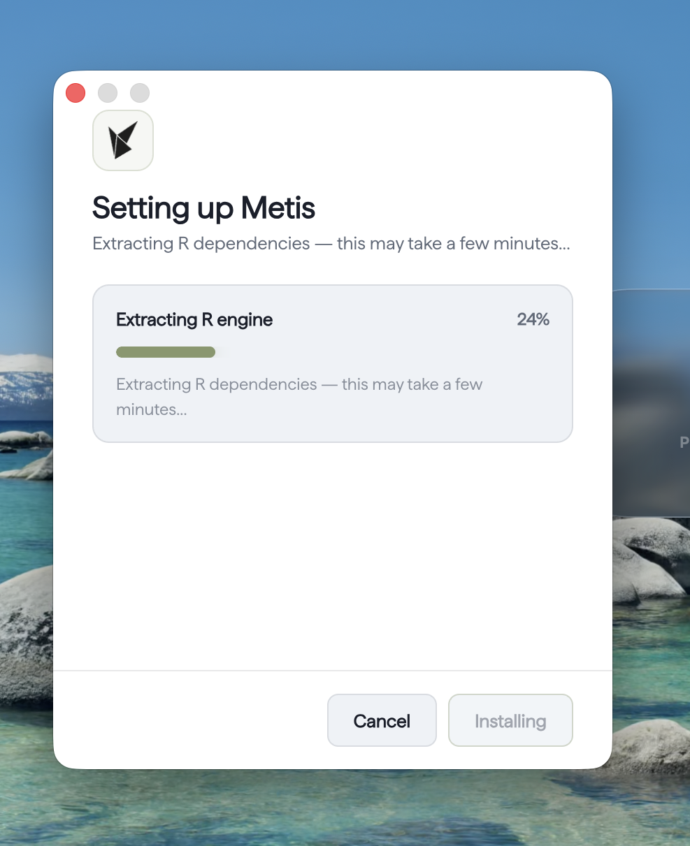 metis macOS setup installation progress window